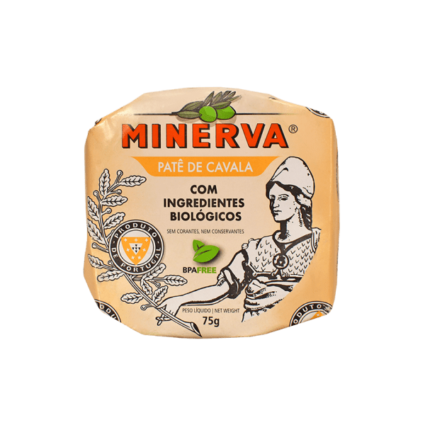 A jar of Minerva's Organic Mackerel Pâté showcasing its creamy texture and elegant packaging, perfect for gourmet hors d'oeuvres.