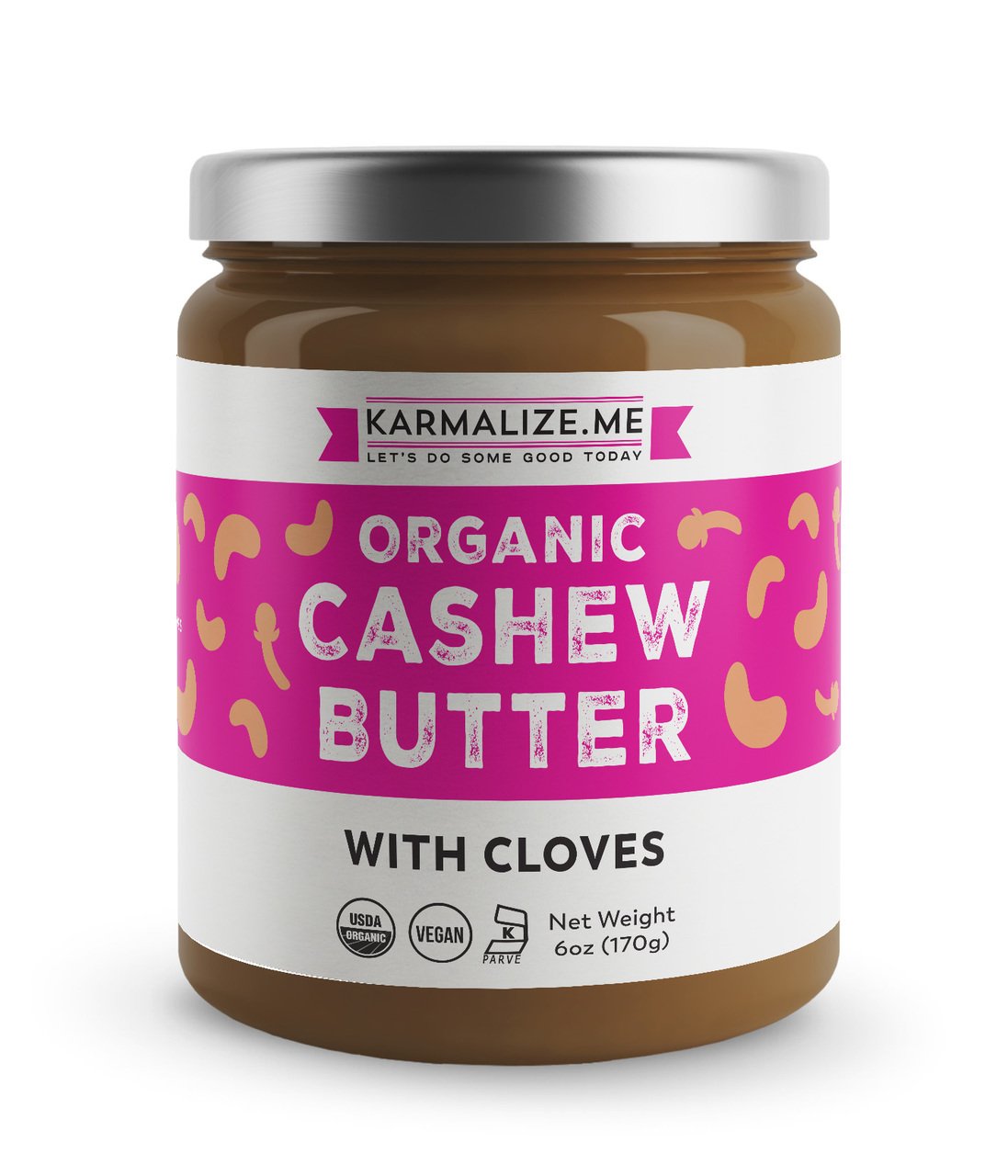 A jar of Organic Vegan Cashew Butter with cloves, showcasing its creamy texture and rich color, perfect for spreads and cooking.