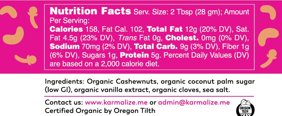 A jar of Organic Vegan Cashew Butter with cloves, showcasing its creamy texture and rich color, perfect for spreads and cooking.