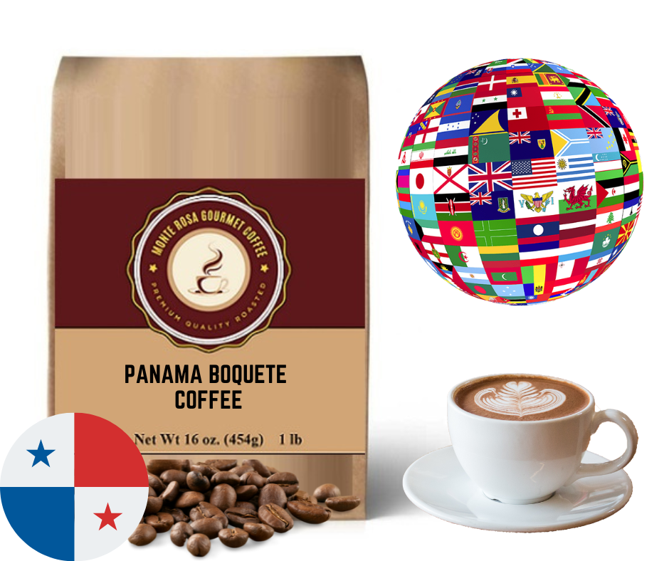 A bag of Panama Boquete coffee beans showcasing rich, dark roasted coffee with a rustic background.