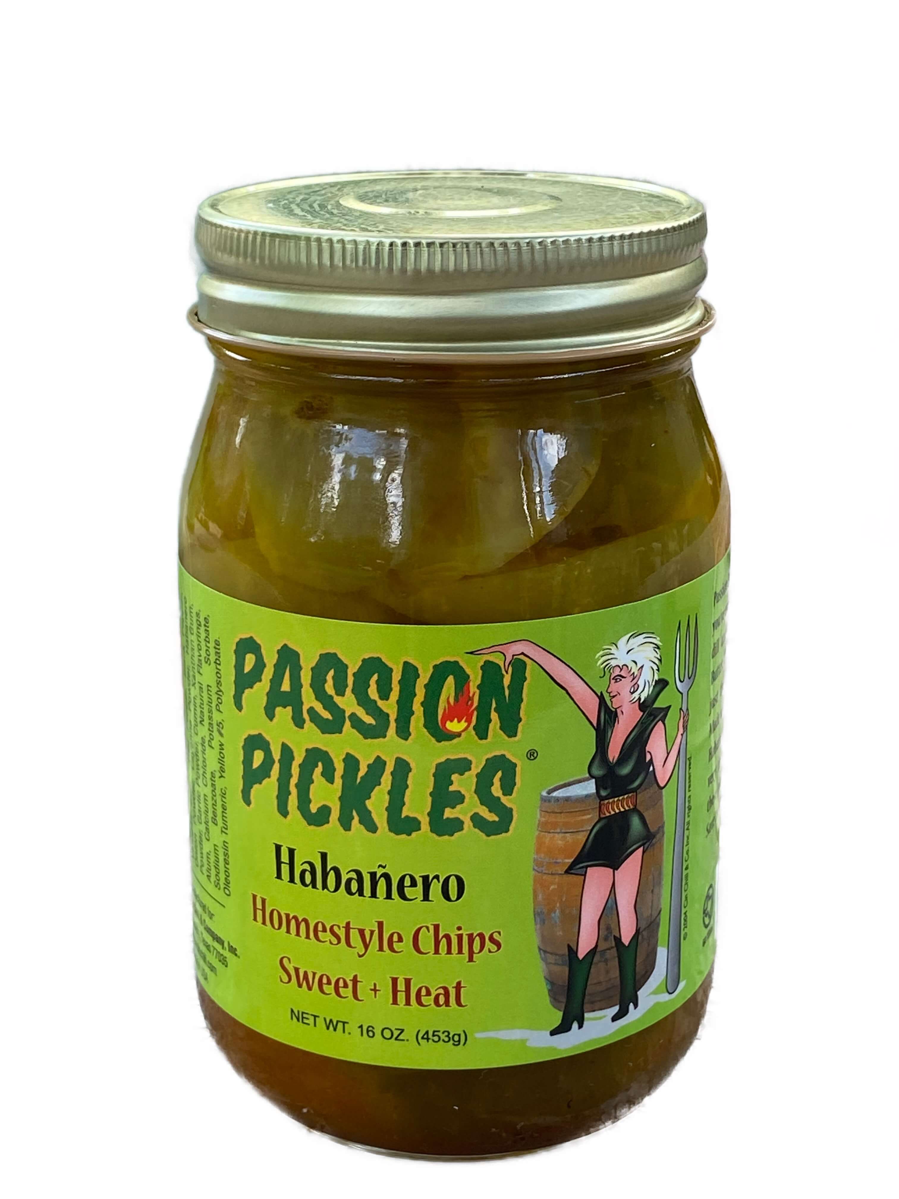 A jar of Passion Pickles® Habanero showcasing vibrant green cucumbers infused with a sweet and spicy habanero flavor.