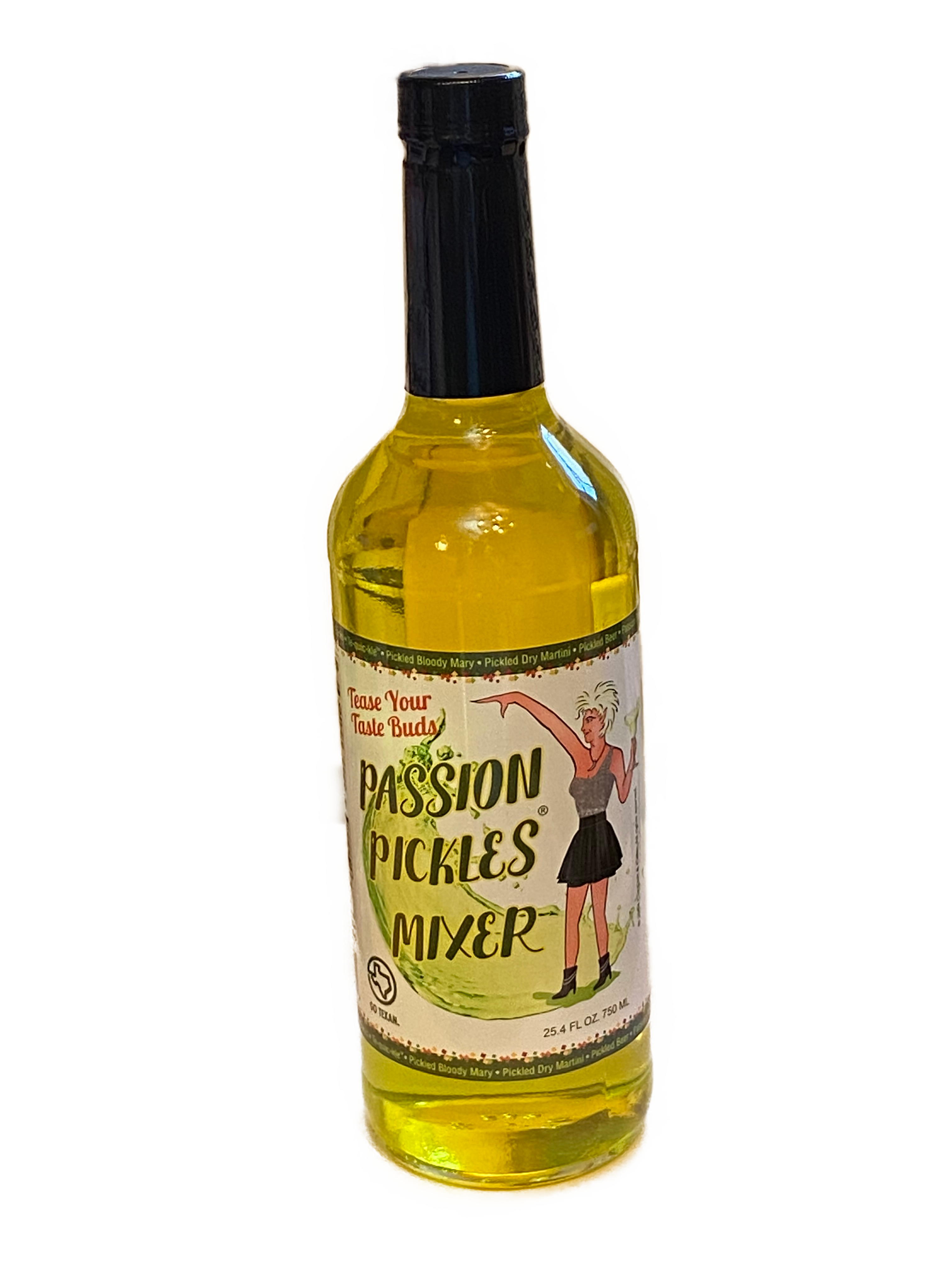 A bottle of PASSION PICKLES® MIXER showcasing its vibrant yellow color and artisan label, perfect for enhancing cocktails and dishes.