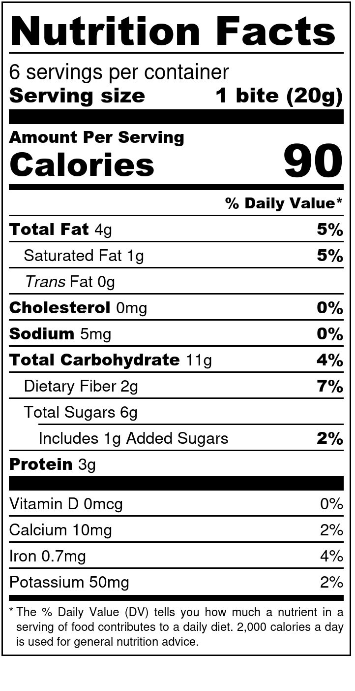 A bag of PB Chocolate Chip Energy Bites featuring healthy snacks made with dates, oats, peanuts, and dairy-free chocolate chips.