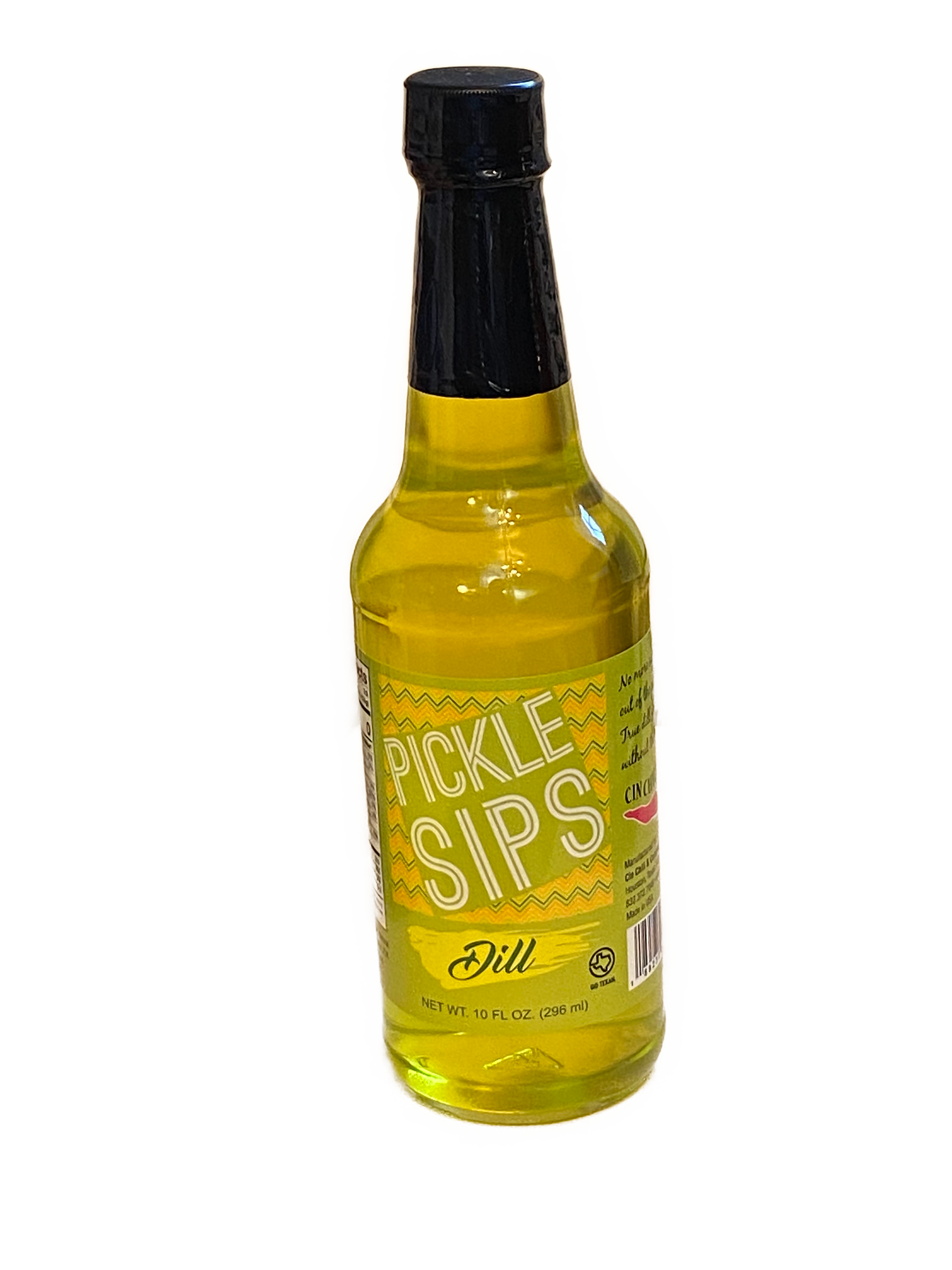 A 10 oz bottle of PICKLE SIPS™ Dill, showcasing its vibrant green color and label design.