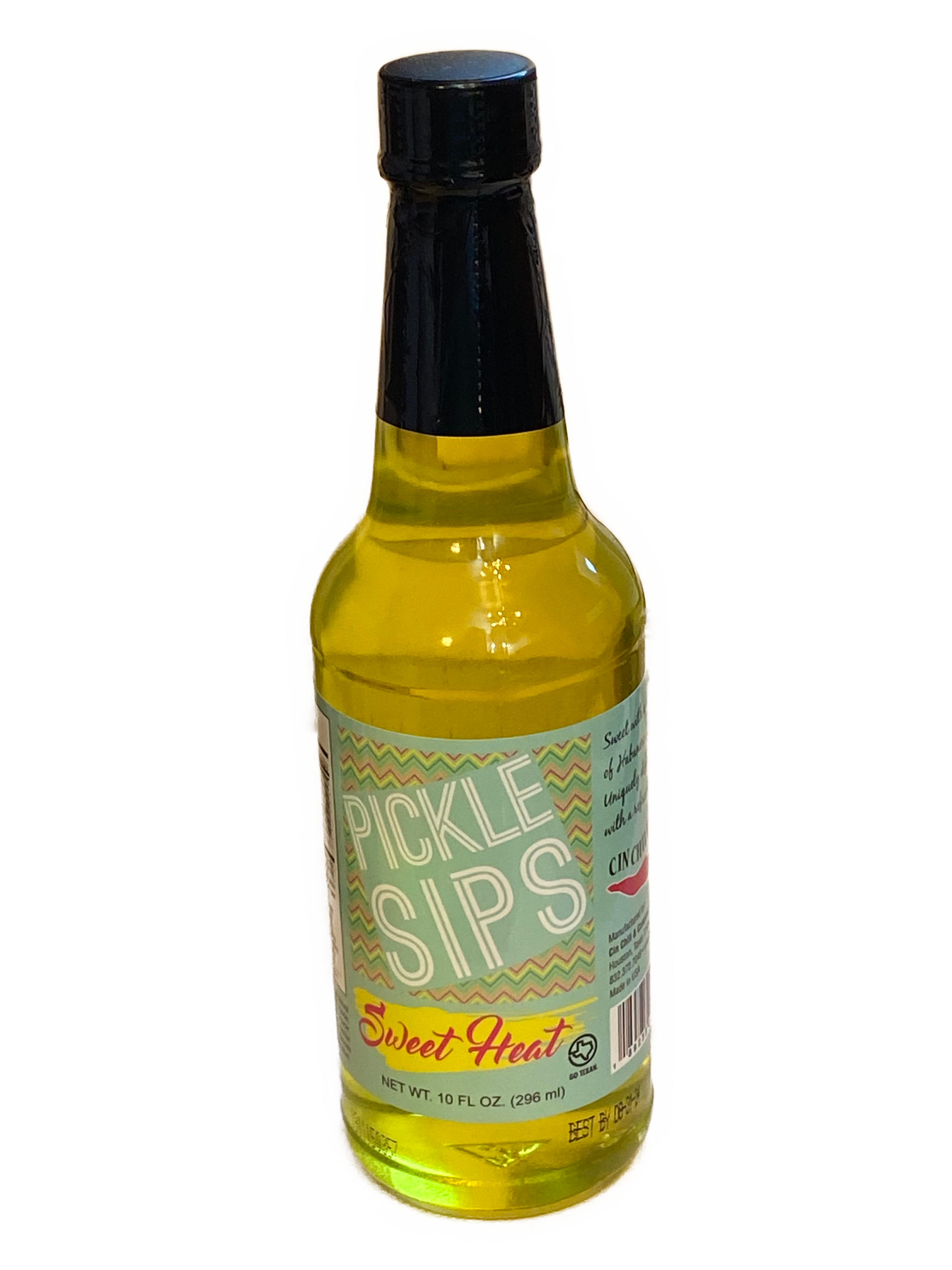 A 10 oz bottle of PICKLE SIPS™ - SWEET HEAT featuring sweet pickle juice with habanero spice, ideal for hydration.