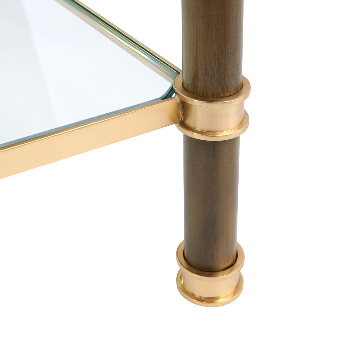 Pierce Étagère featuring bronze frame, brass accents, and clear tempered glass shelves, topped with a geometric acorn finial.