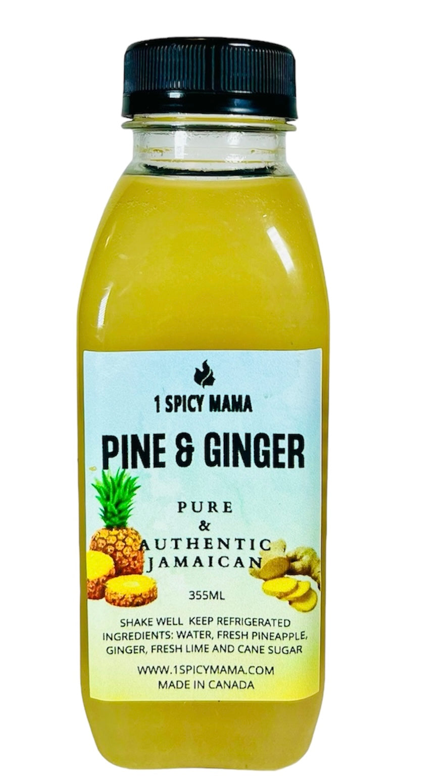 Four 355ml bottles of Pineapple Ginger Drink, showcasing the vibrant yellow color of the juice with fresh pineapple and ginger slices in the background.