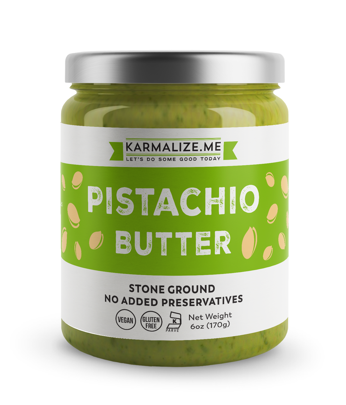 A jar of freshly made pistachio butter with a rich green color, showcasing its creamy texture and roasted pistachio pieces.