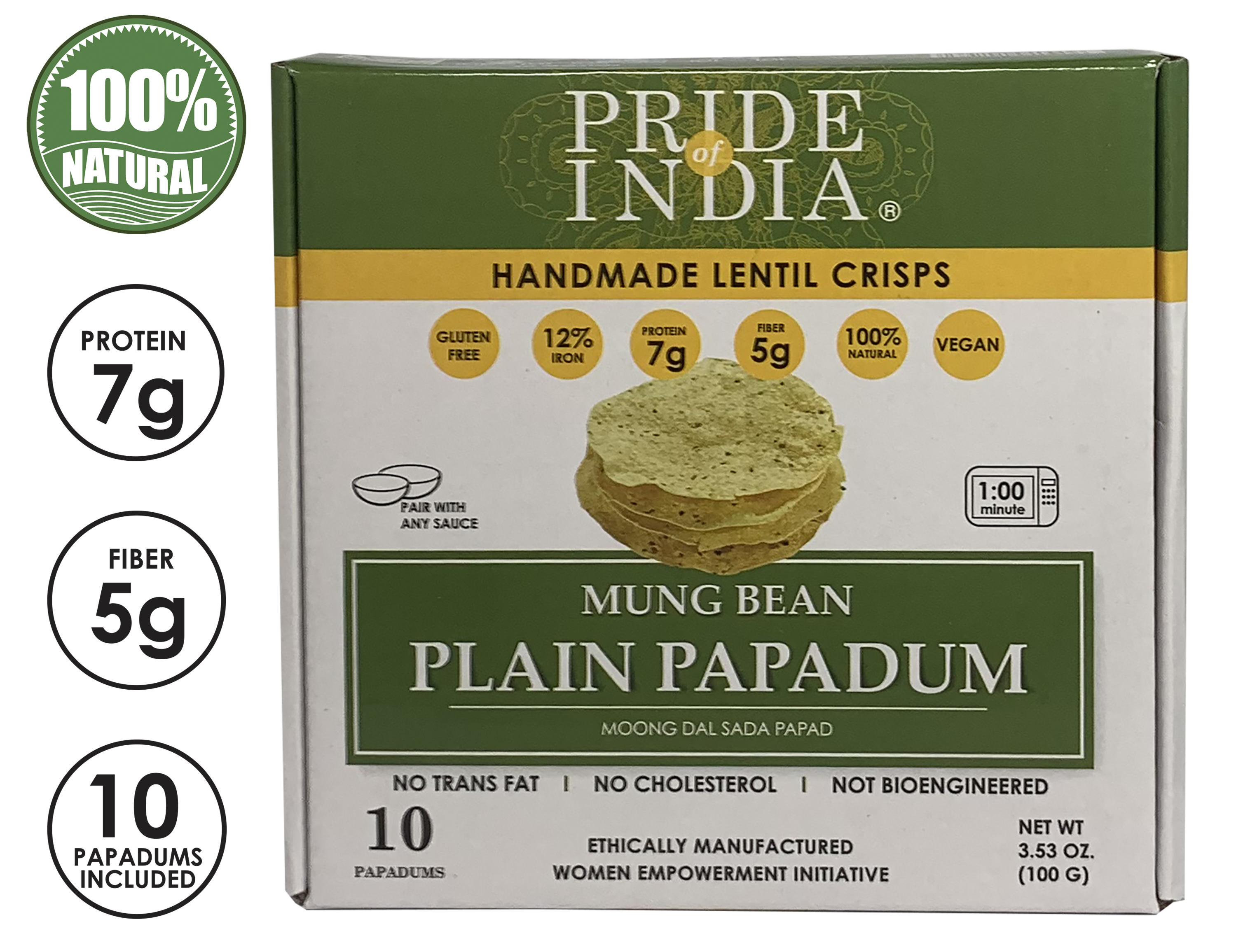 A pack of Plain Mung Bean Sada Papadum, showcasing the lentil crisps with a rustic background, highlighting their handmade quality.