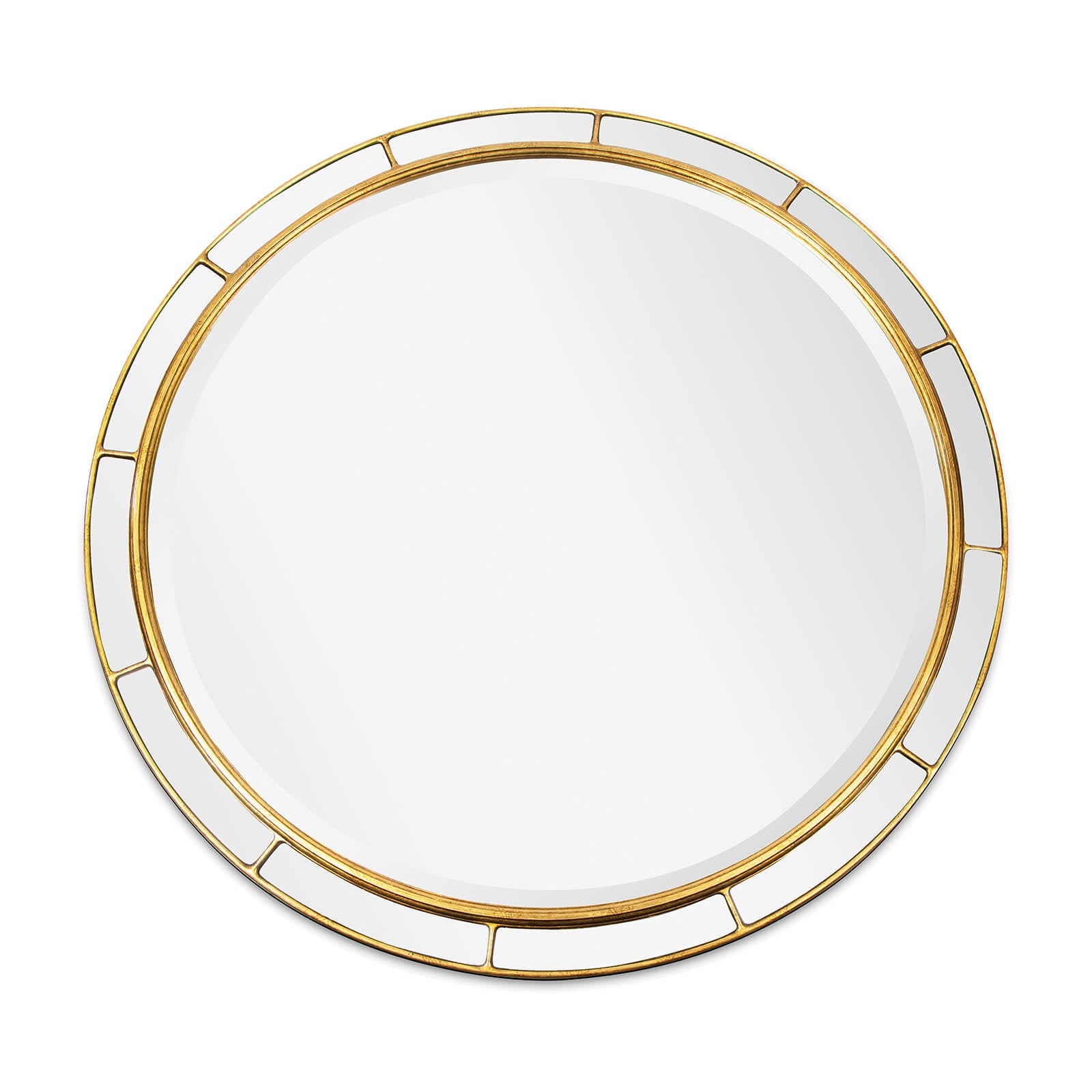 Plaza Mirror Round with a beveled frame and antique gold leaf finish, showcasing modern art deco design.