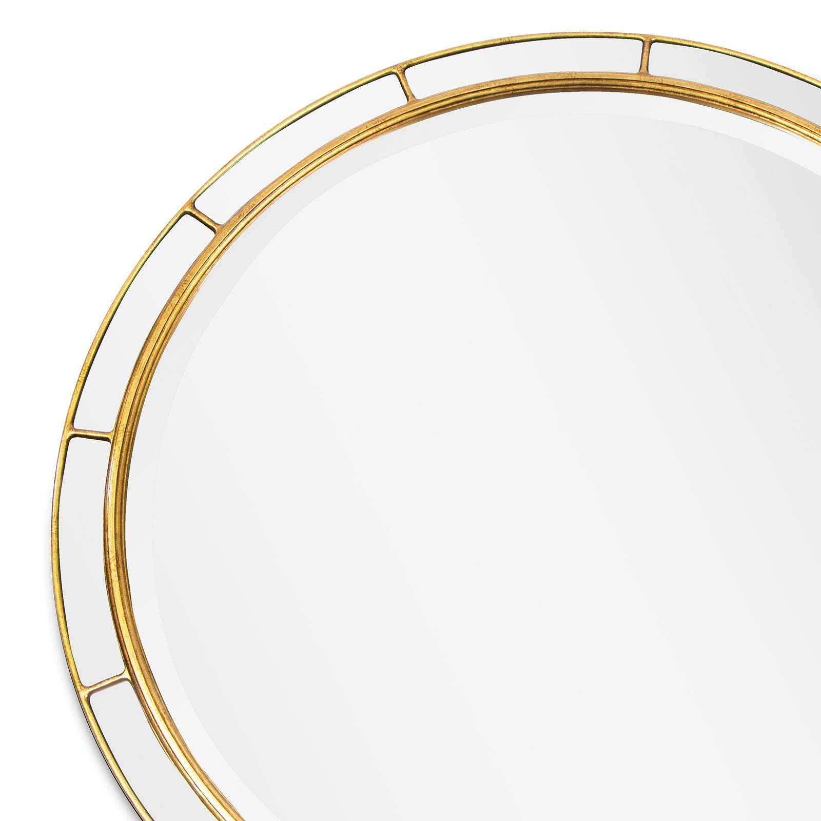 Plaza Mirror Round with a beveled frame and antique gold leaf finish, showcasing modern art deco design.