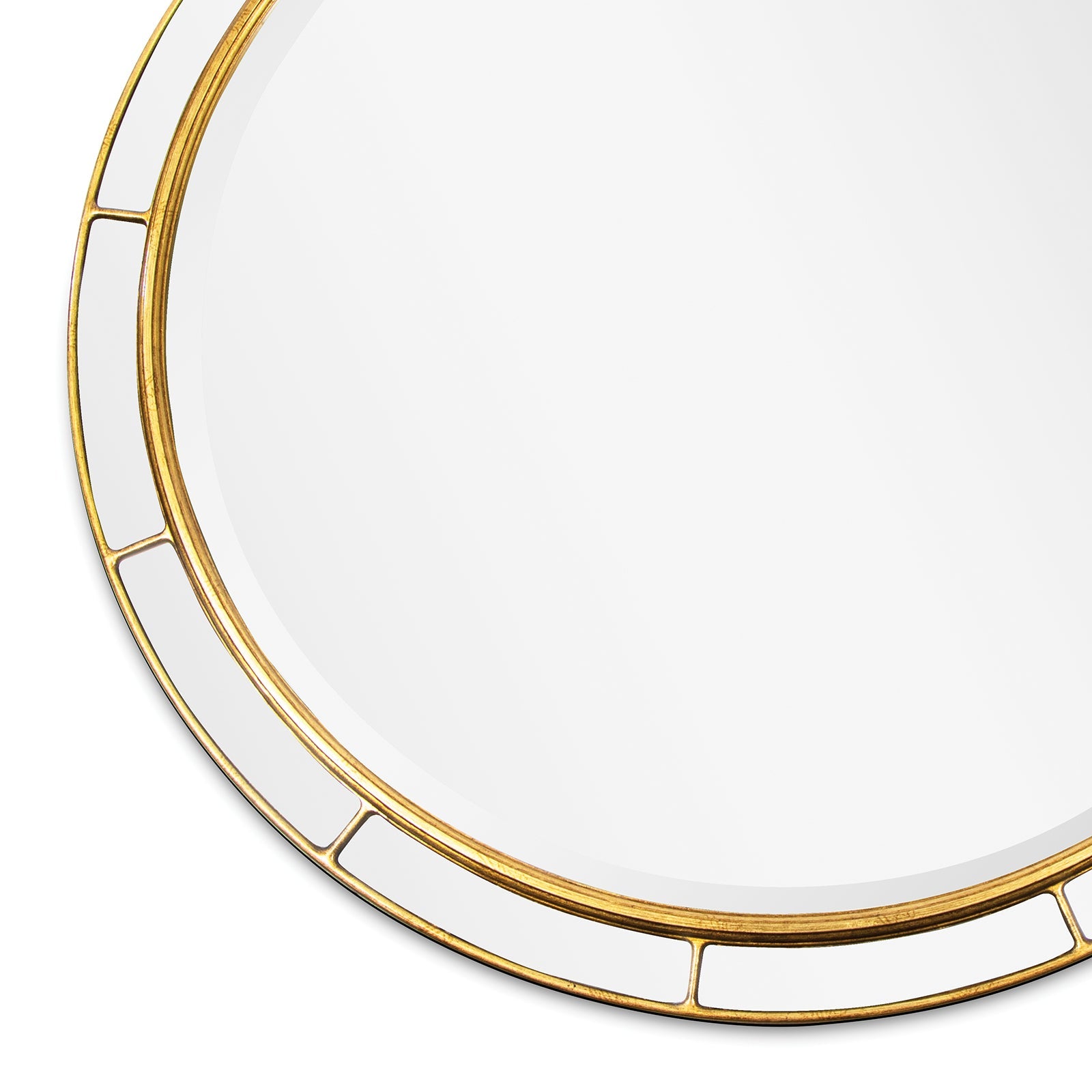 Plaza Mirror Round with a beveled frame and antique gold leaf finish, showcasing modern art deco design.