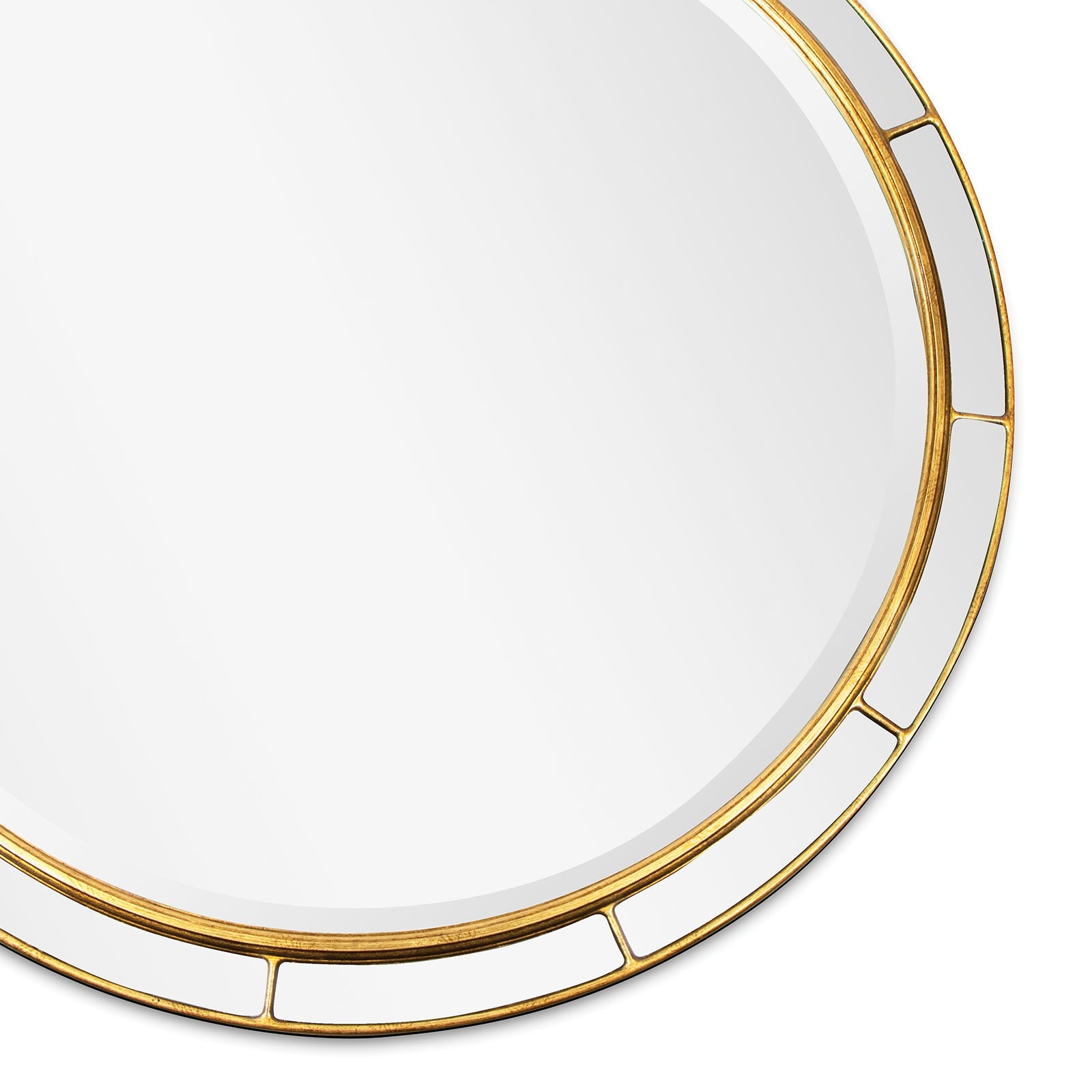 Plaza Mirror Round with a beveled frame and antique gold leaf finish, showcasing modern art deco design.