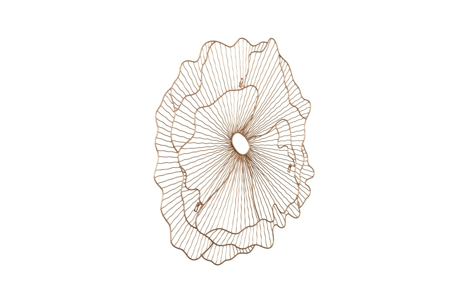 A stunning copper wall art sculpture shaped like a poppy flower, featuring contemporary lines and detailing, perfect for modern decor.