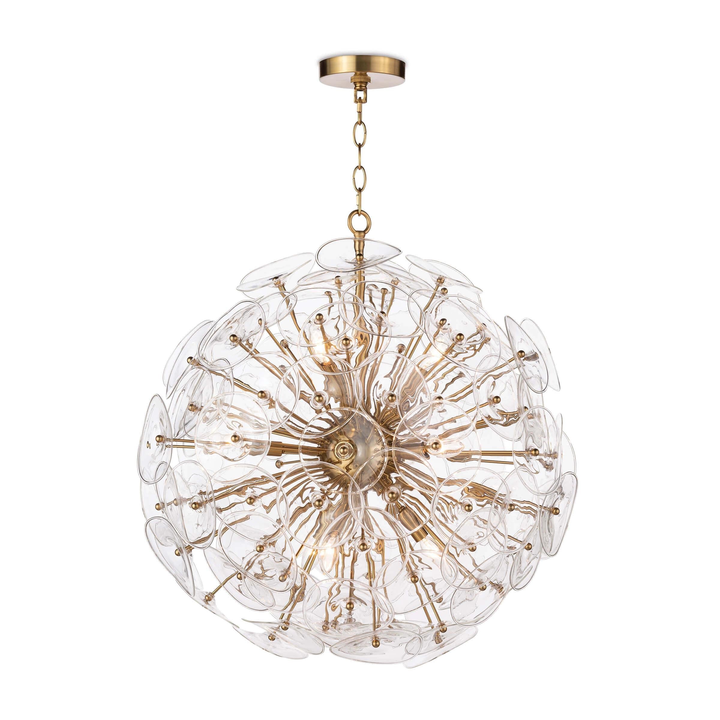 Poppy Glass Chandelier Small featuring clear glass discs and natural brass rods, perfect for modern decor.