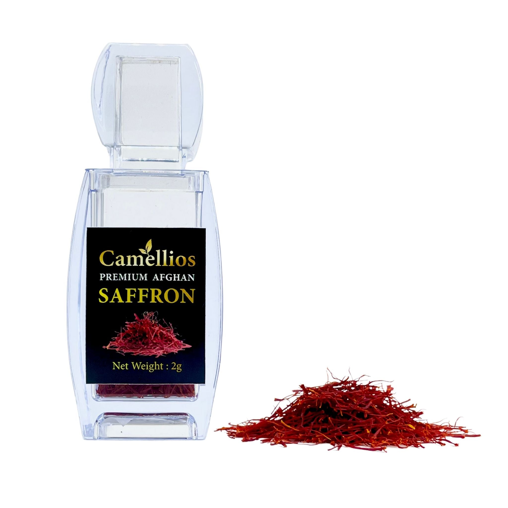 Premium Afghan Saffron threads in a small glass jar, showcasing their vibrant red color and delicate texture.