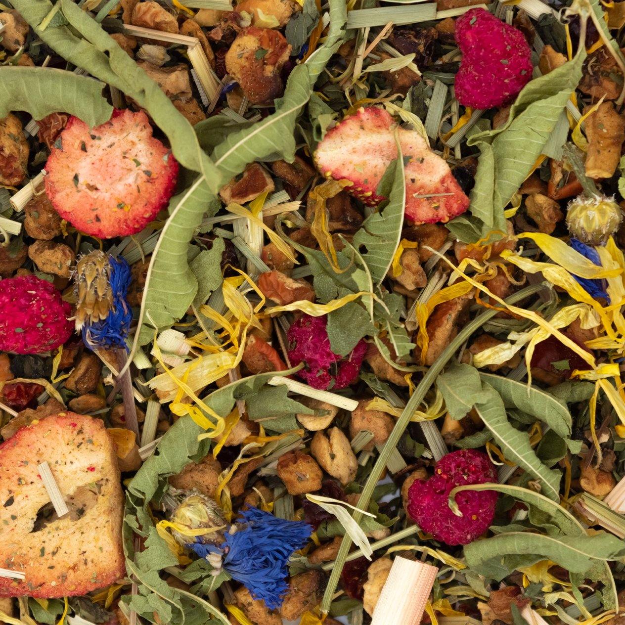 Tasse de tisane Psychedelic avec infusion rouge rubis, garnie de fruits frais comme des fraises et des framboises, sur une table en bois.