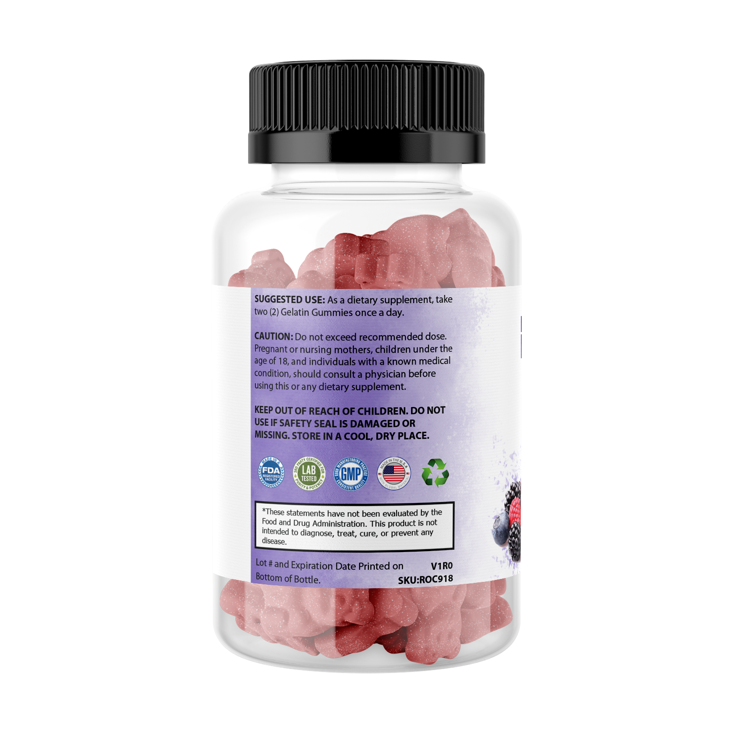 Bottle of dietary supplement gummies.