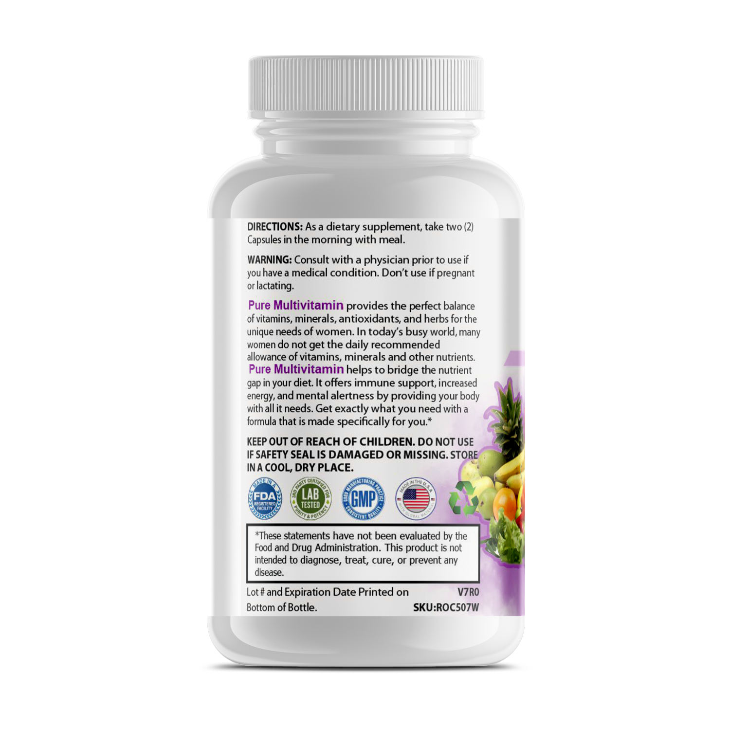 White bottle of multivitamin supplement.