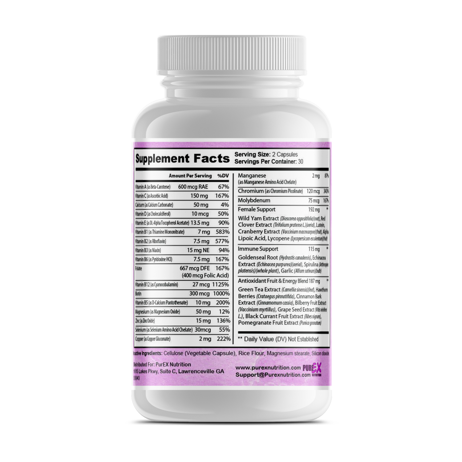 Dietary supplement bottle with ingredients.