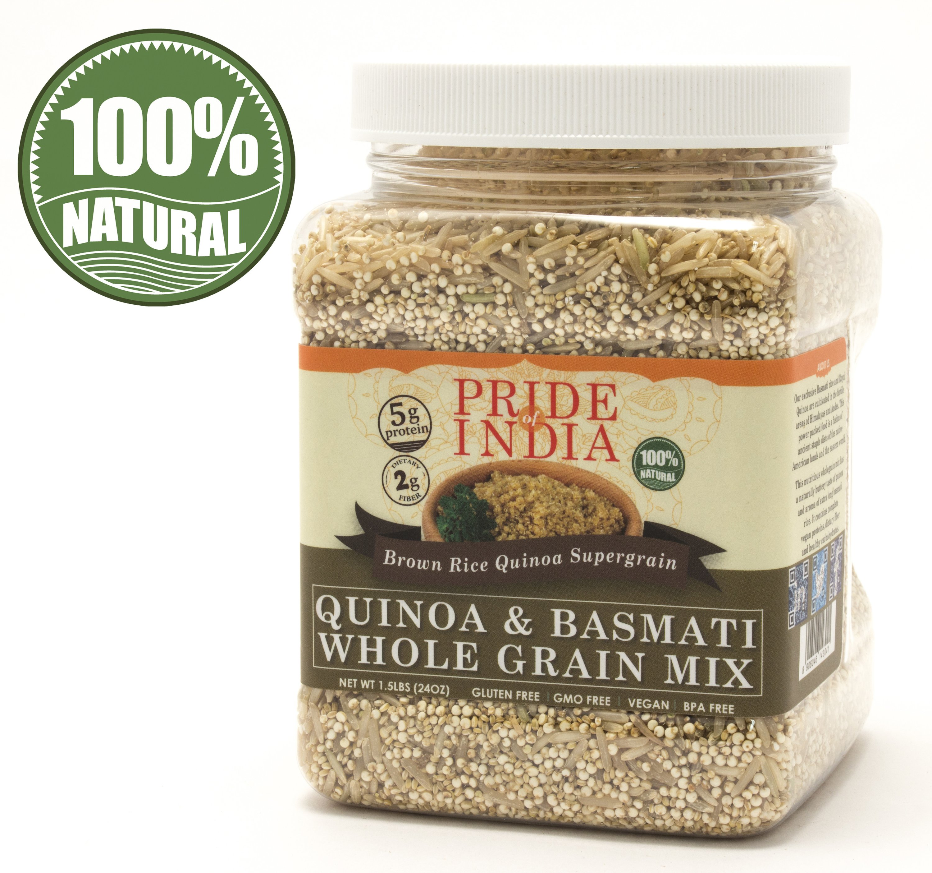 A jar of Quinoa & Brown Basmati Whole Grain Mix showcasing the grains and packaging, emphasizing its natural and healthy ingredients.