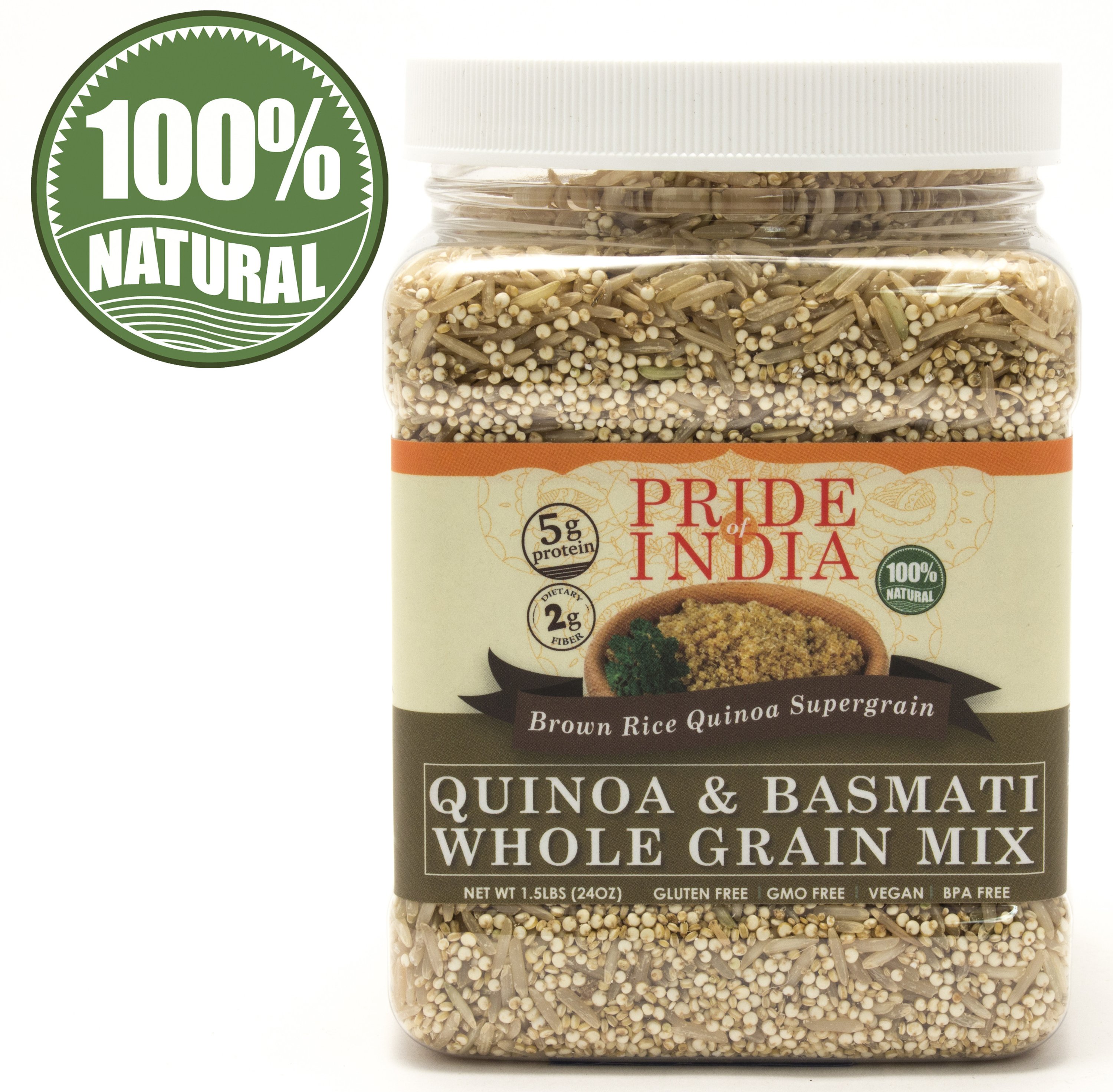 A jar of Quinoa & Brown Basmati Whole Grain Mix showcasing the grains and packaging, emphasizing its natural and healthy ingredients.