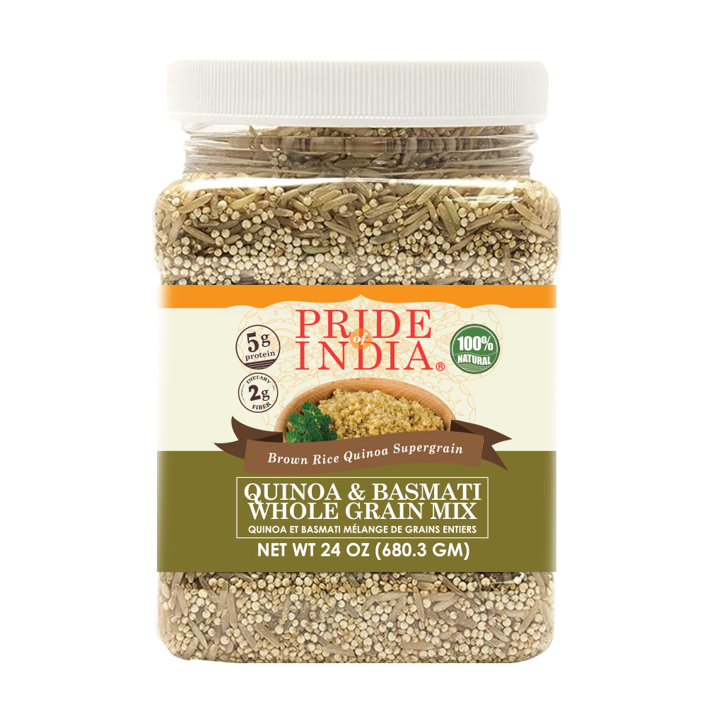 A jar of Quinoa & Brown Basmati Whole Grain Mix showcasing the grains and packaging, emphasizing its natural and healthy ingredients.