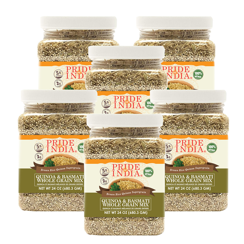 A jar of Quinoa & Brown Basmati Whole Grain Mix showcasing the grains and packaging, emphasizing its natural and healthy ingredients.