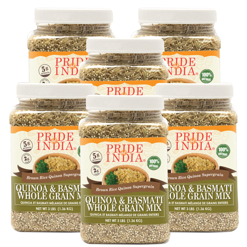 A jar of Quinoa & Brown Basmati Whole Grain Mix showcasing the grains and packaging, emphasizing its natural and healthy ingredients.