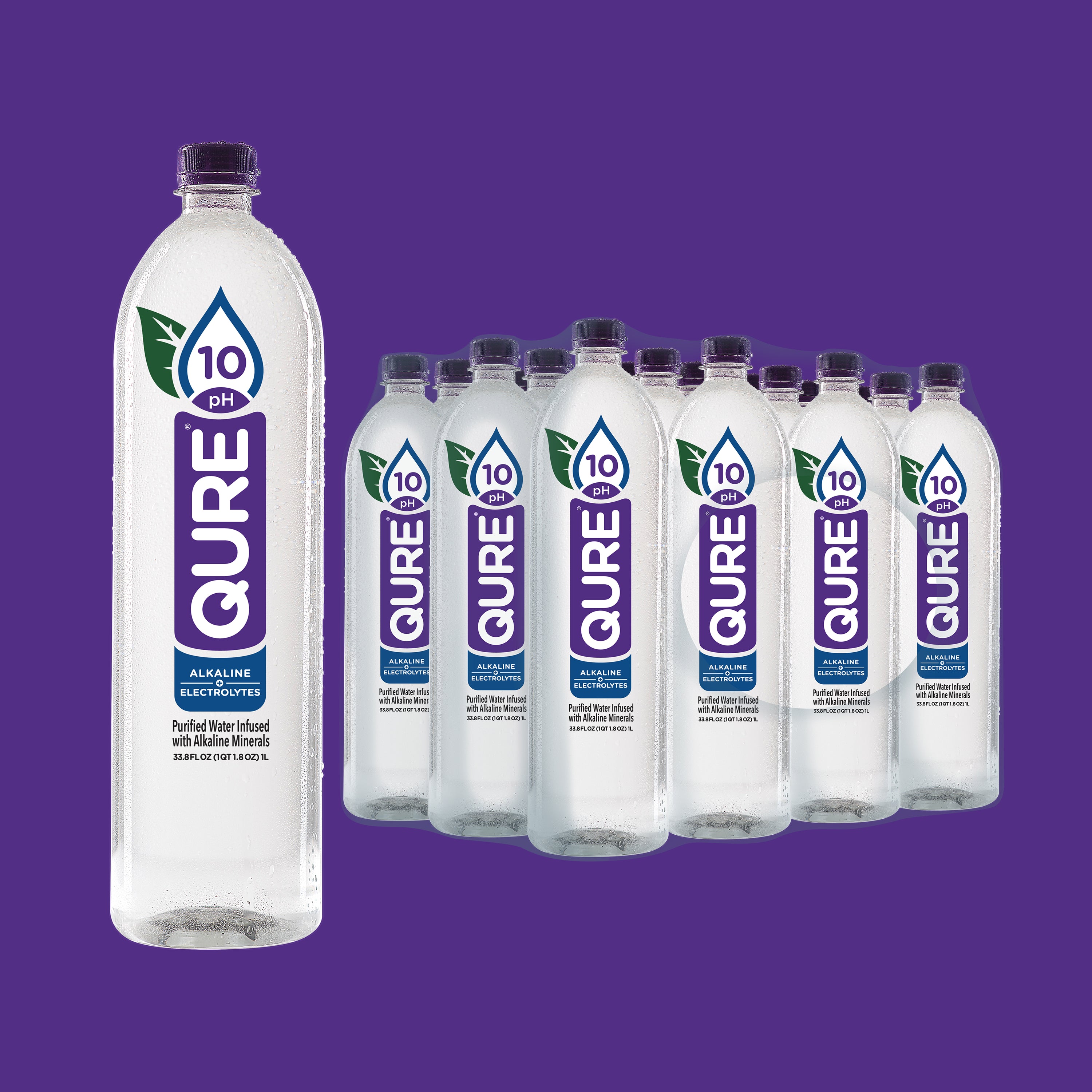 QURE Water 1 Liter bottle pack showcasing pristine alkaline water with a high pH of 10, designed for optimal hydration.