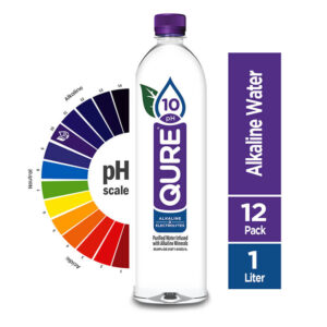 QURE Water 1 Liter bottle pack showcasing pristine alkaline water with a high pH of 10, designed for optimal hydration.