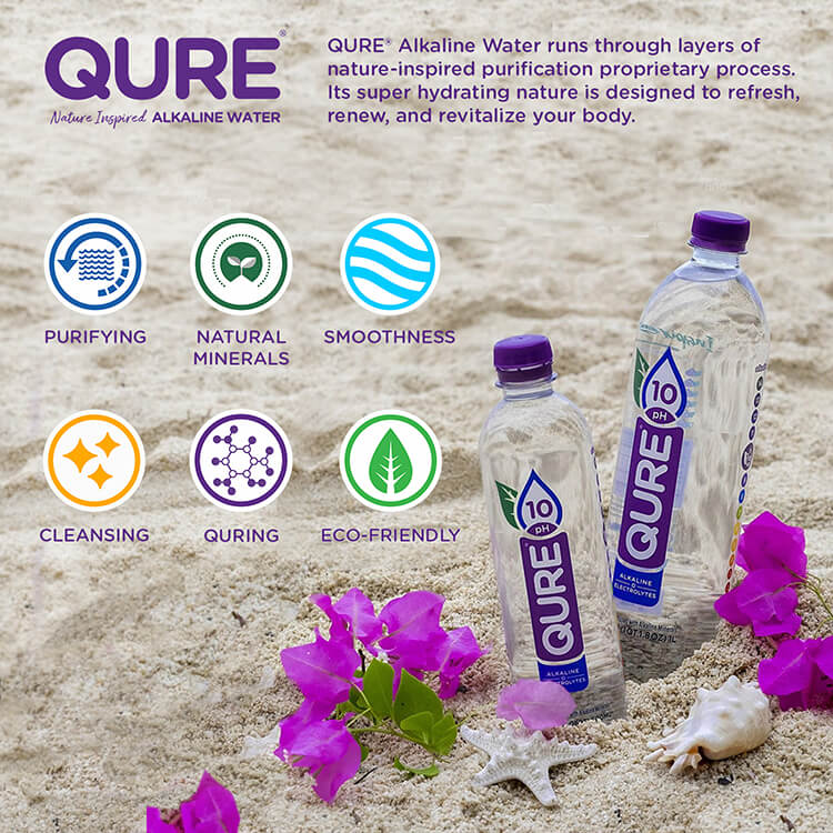 QURE Water 1 Liter bottle pack showcasing pristine alkaline water with a high pH of 10, designed for optimal hydration.