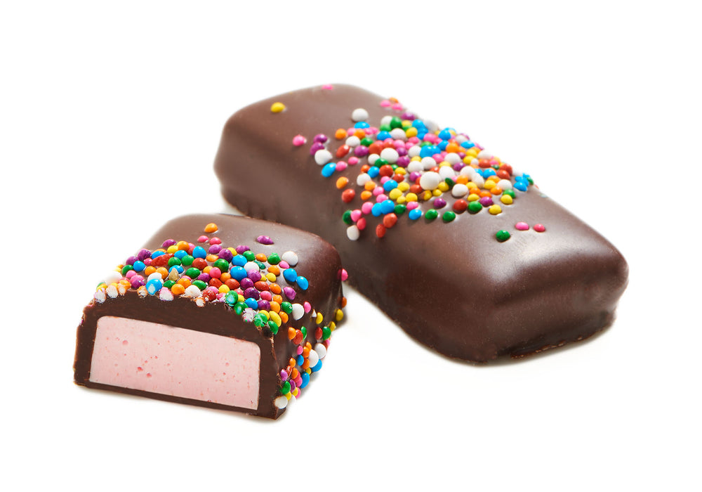 A 1-pound package of Raspberry Sticks featuring chocolate-covered raspberry treats, perfect for snacking and desserts.