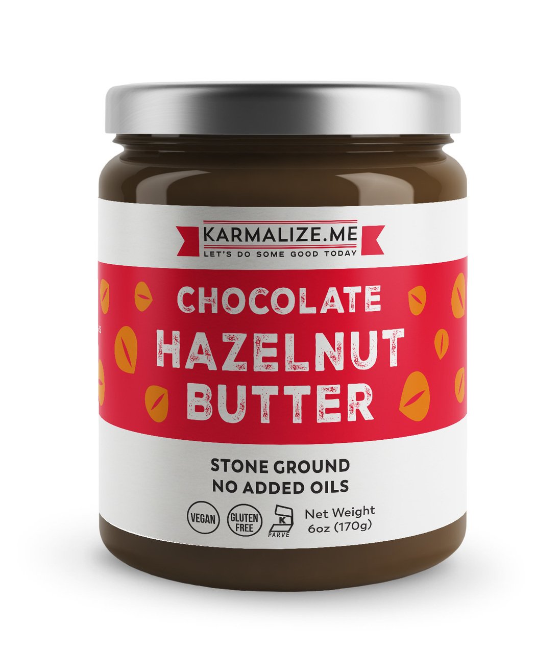 A jar of raw, vegan chocolate hazelnut butter made from premium hazelnuts and organic ingredients, showcasing its creamy texture.