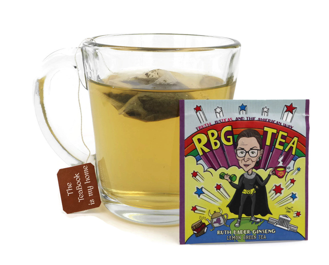 RBG Tea packaging featuring lemon ginseng green tea, inspired by Ruth Bader Ginsburg, with artistic elements symbolizing justice and equality.