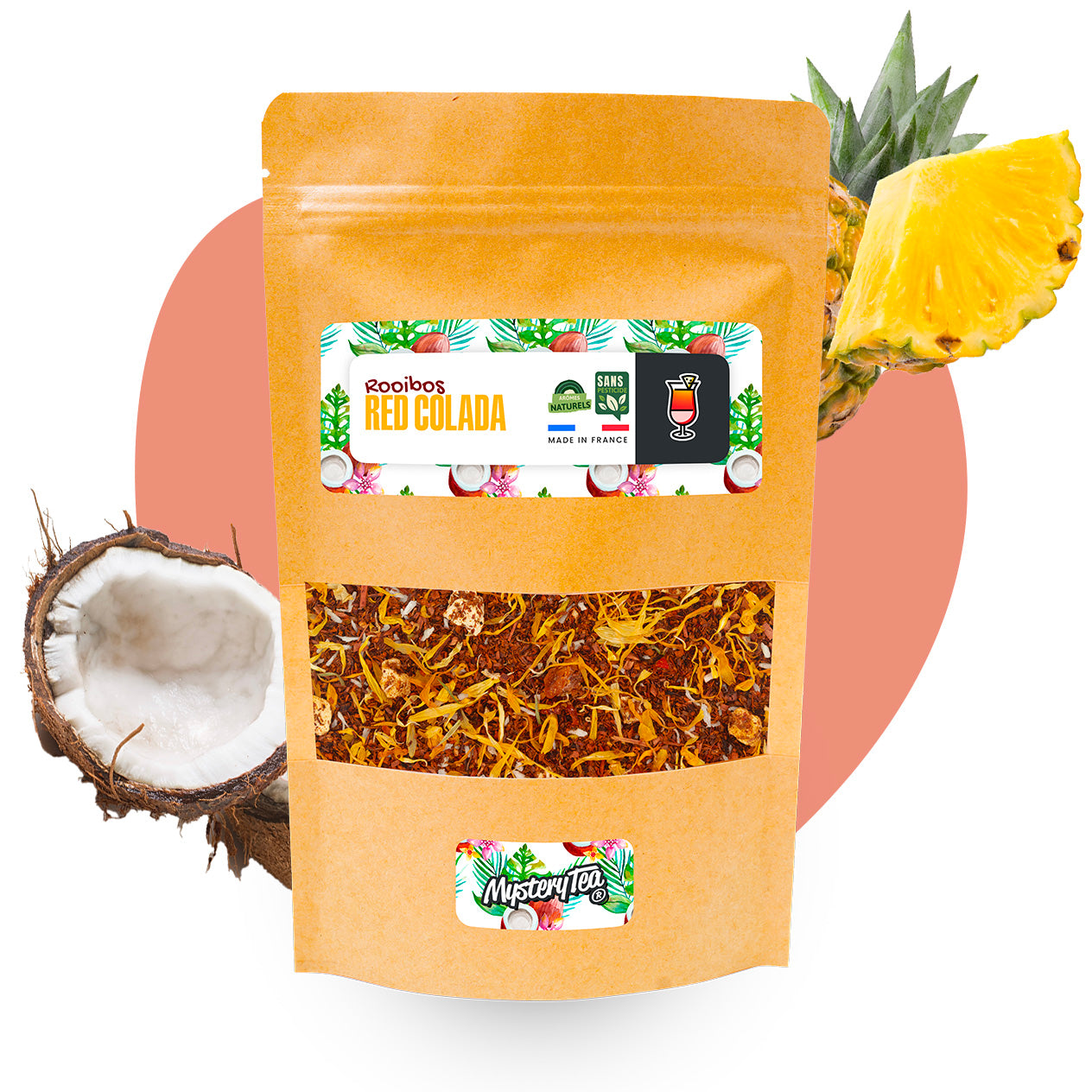 Infusion Red Colada avec rooibos, noix de coco et ananas, évoquant des vacances tropicales.