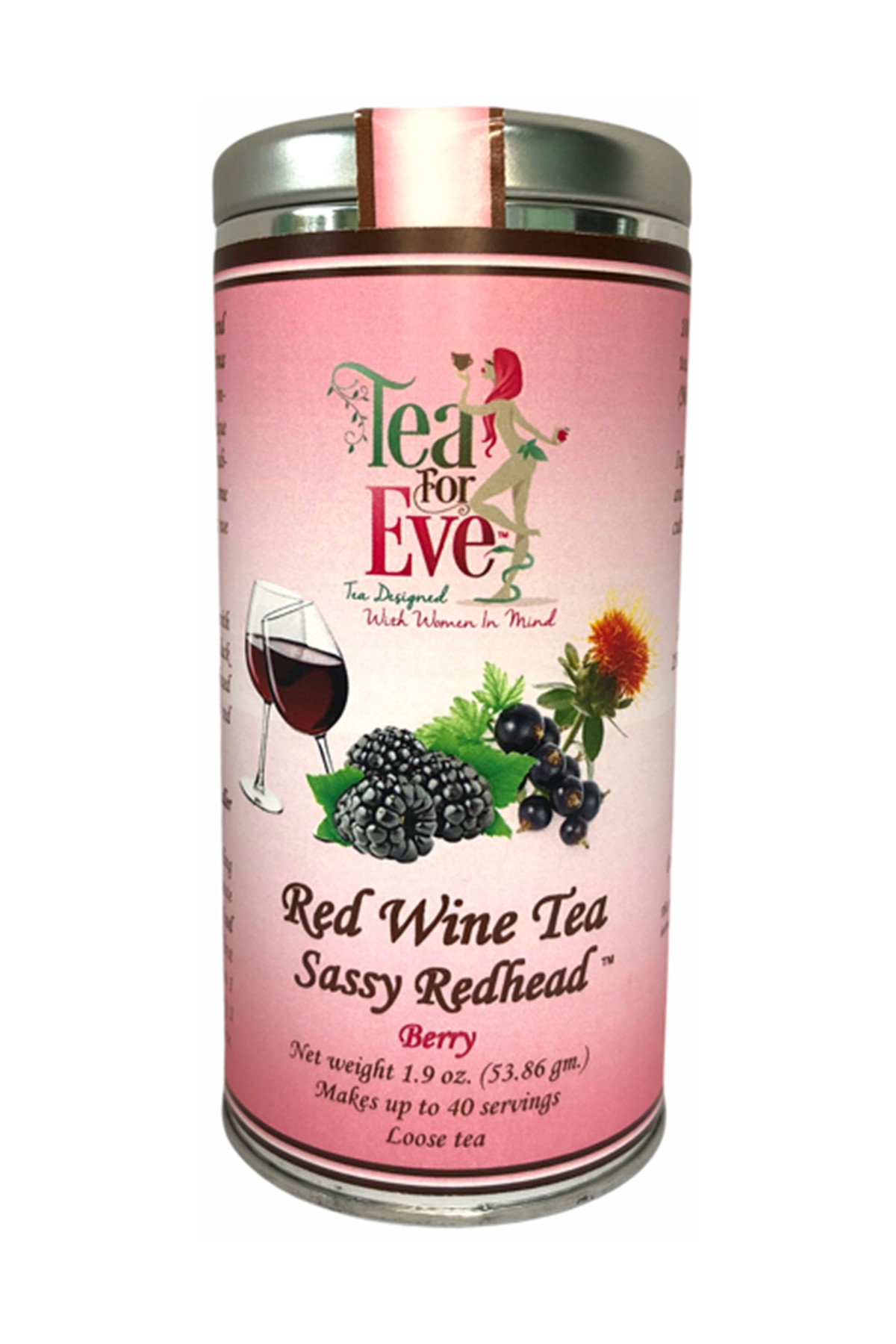 A vibrant package of Sassy Redhead Red Wine Infused Tea featuring a blend of black tea and berry flavors, showcasing its unique and enticing design.