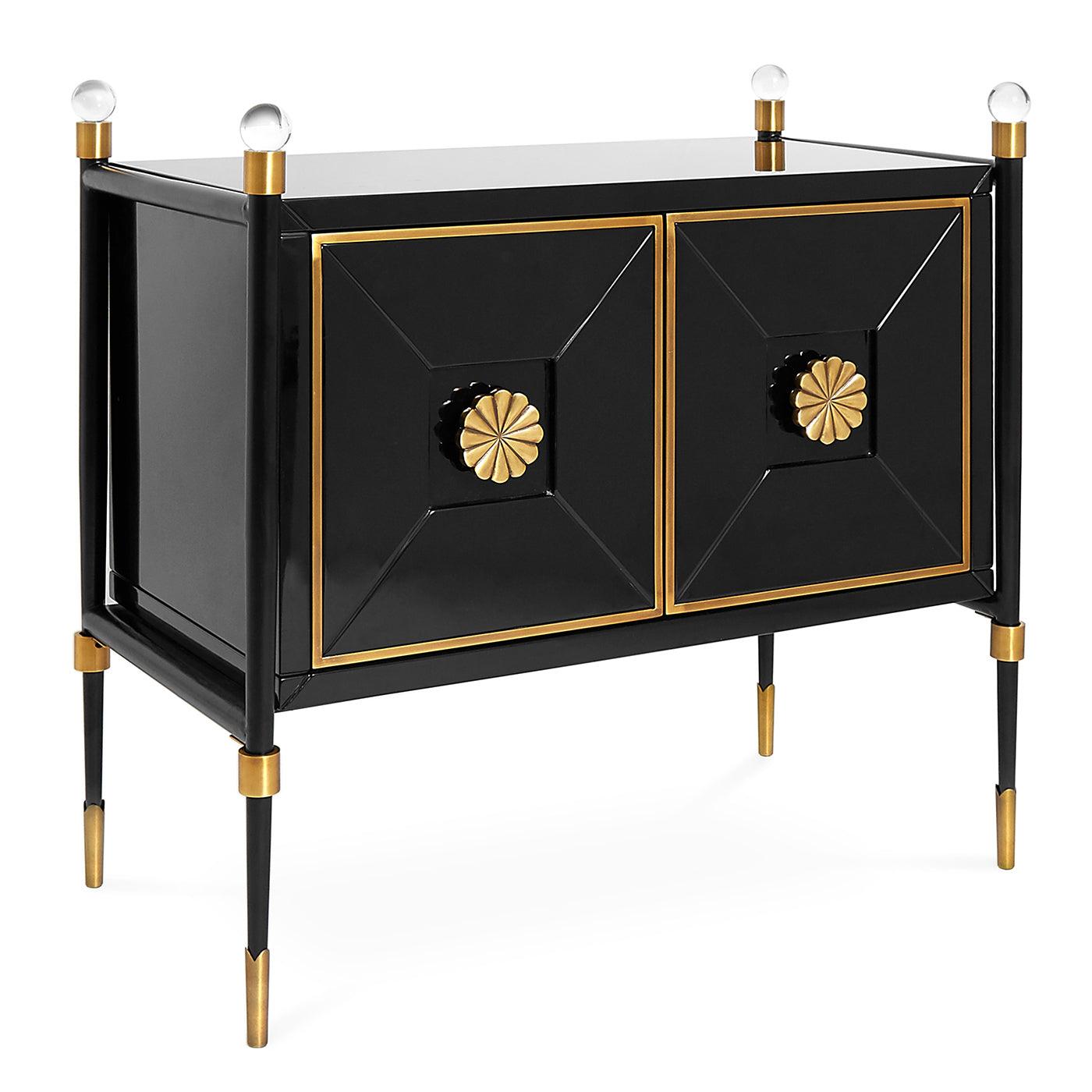 Rider Small Cabinet by Jonathan Adler featuring glossy black lacquer, antiqued brass accents, and acrylic finials, showcasing modern elegance.