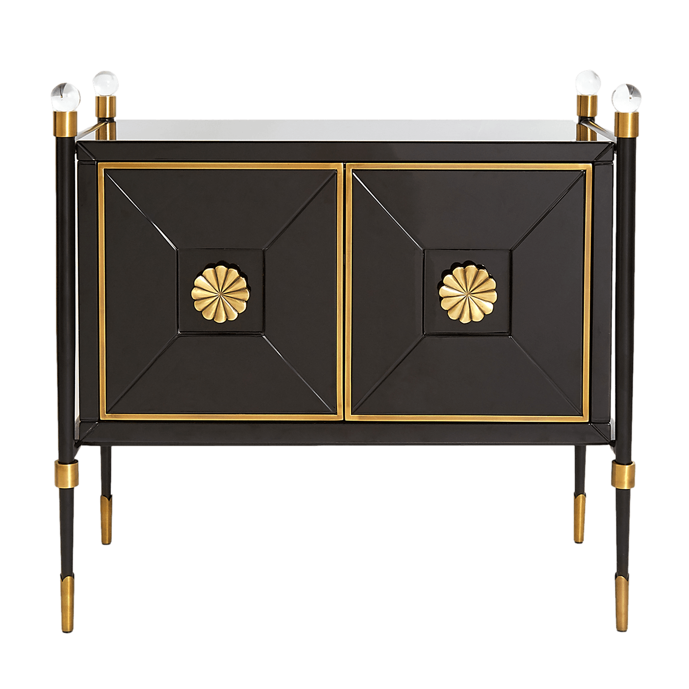 Rider Small Cabinet by Jonathan Adler featuring glossy black lacquer, antiqued brass accents, and acrylic finials, showcasing modern elegance.