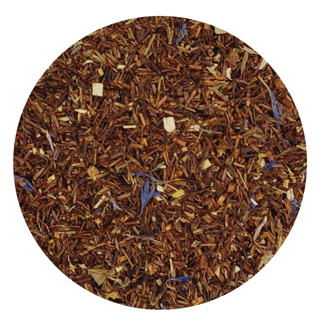 A vibrant blend of Rooibos tea with blue cornflowers and calendula, showcasing its rich colors and textures.