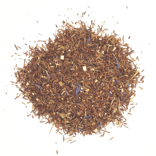 A vibrant blend of Rooibos tea with blue cornflowers and calendula, showcasing its rich colors and textures.