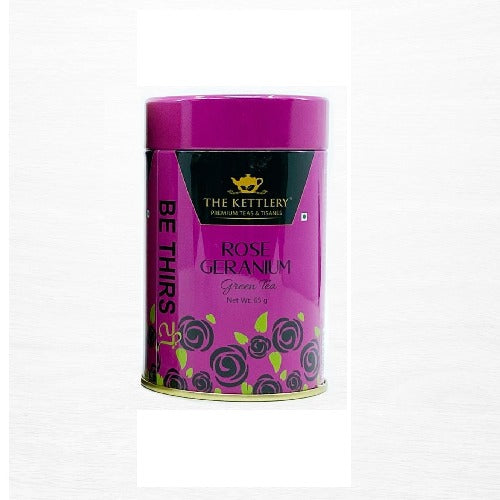 A beautifully designed tin of Rose Geranium Green Tea, showcasing the vibrant colors of the tea leaves and floral ingredients.