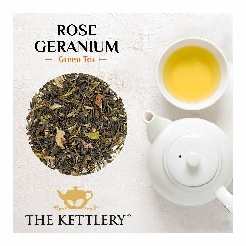 A beautifully designed tin of Rose Geranium Green Tea, showcasing the vibrant colors of the tea leaves and floral ingredients.