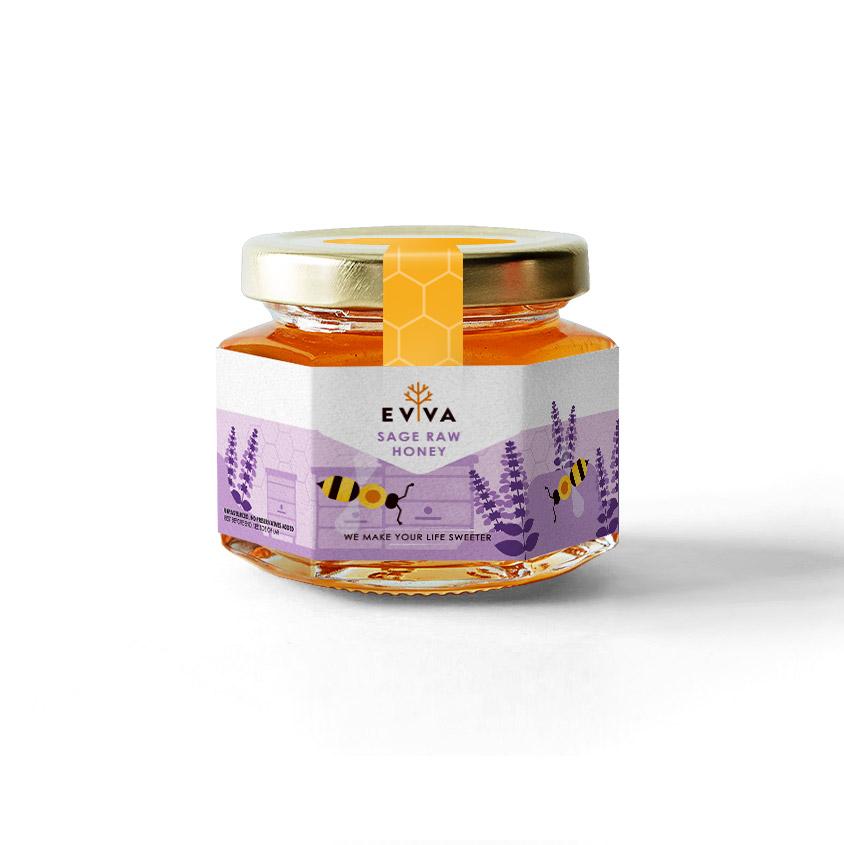 A jar of EVVA Sage Raw Honey showcasing its rich golden color and natural texture, surrounded by honeycomb and flowers.