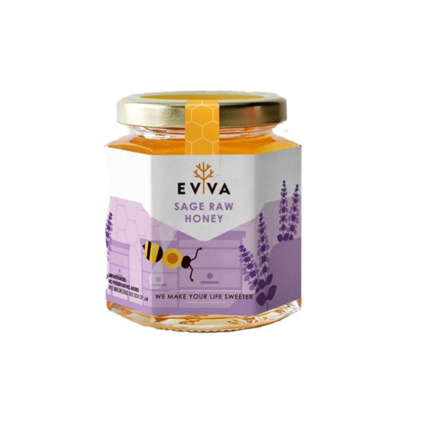 A jar of EVVA Sage Raw Honey showcasing its rich golden color and natural texture, surrounded by honeycomb and flowers.