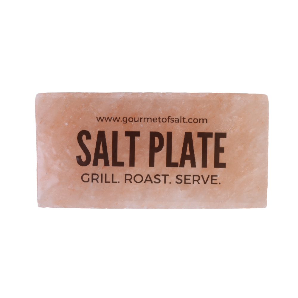 A small SALT PLATE made of Himalayan pink salt, perfect for grilling and serving various dishes, showcasing its unique natural patterns.