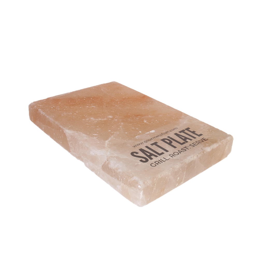 XL Salt Plate made from Himalayan pink salt, perfect for grilling and serving various dishes, showcasing unique natural patterns.