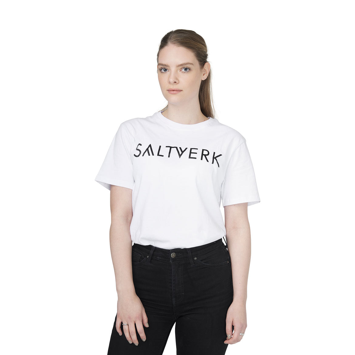 SALTVERK White UNISEX T-Shirt displayed on a hanger, showcasing its soft cotton fabric and stylish design.