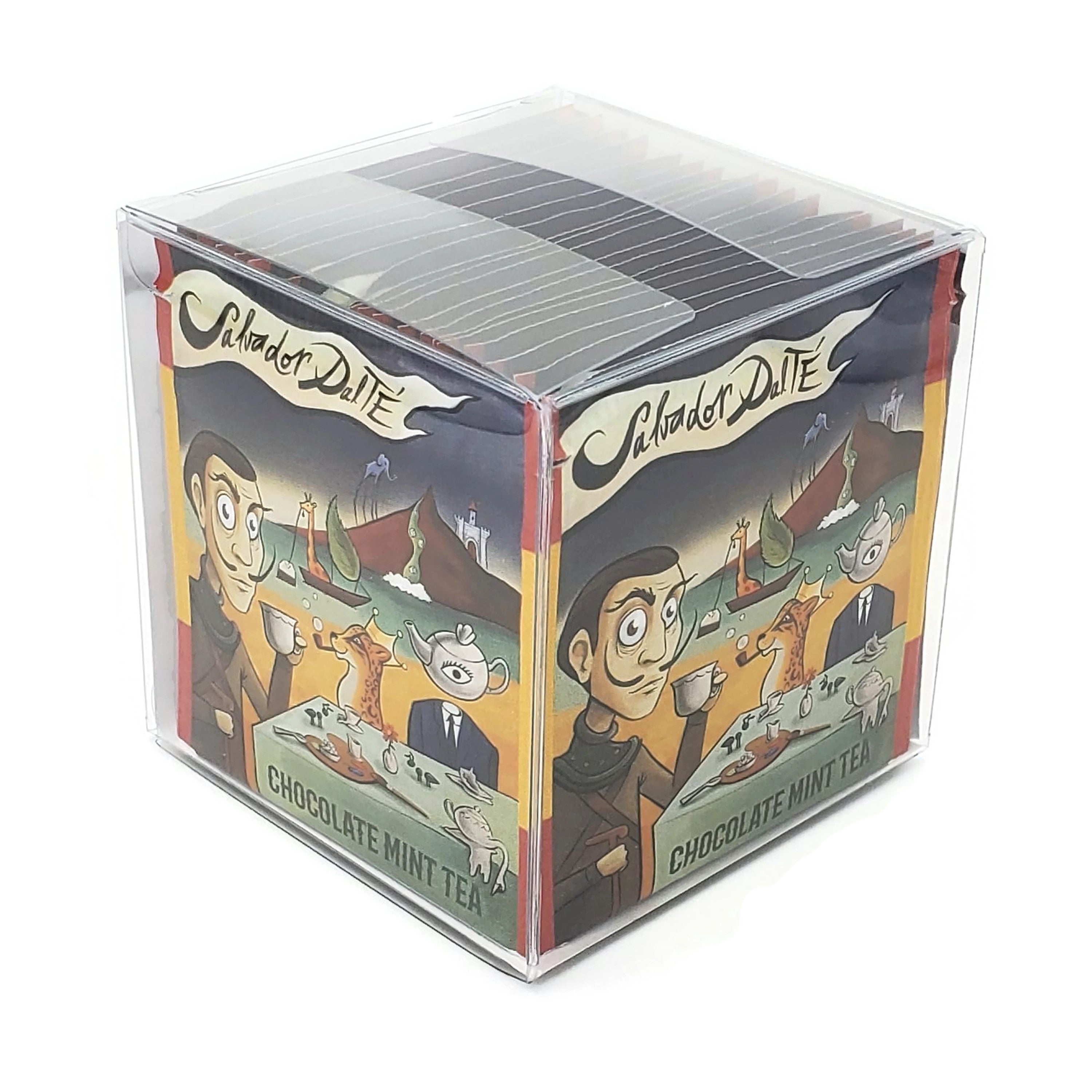 Salvador DalTÉ Chocolate Mint tea packs in a colorful artistic wrapper, showcasing a blend of chocolate and peppermint flavors.