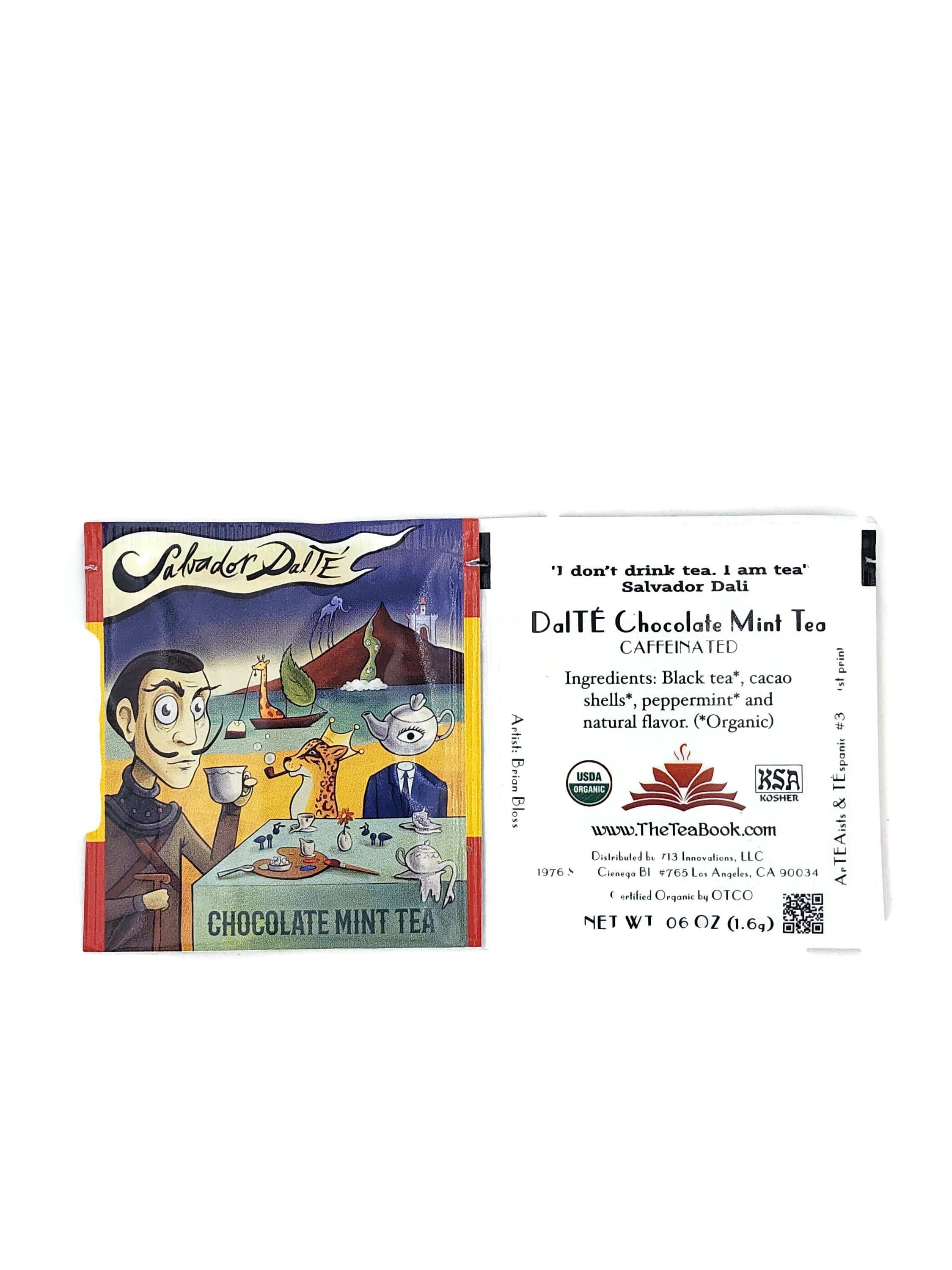 Salvador DalTÉ Chocolate Mint tea packs in a colorful artistic wrapper, showcasing a blend of chocolate and peppermint flavors.